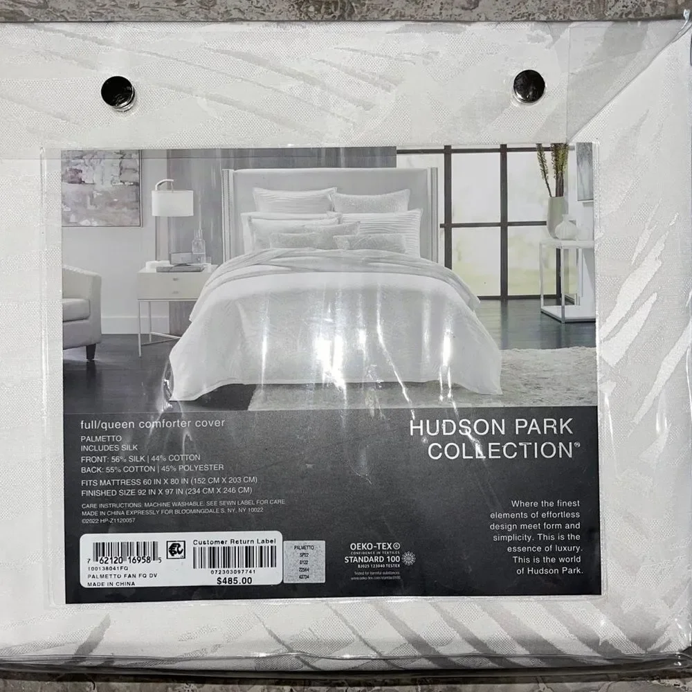 Hudson Park Palmetto Silk Blend White Queen Duvet Cover + 2-Pillow Shams, NWT